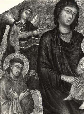 Anonimo — Cenni di Pepo (Cimabue) - e aiuti - sec. XIII-XIV - Madonna con Bambino in trono e san Francesco d'Assisi — particolare